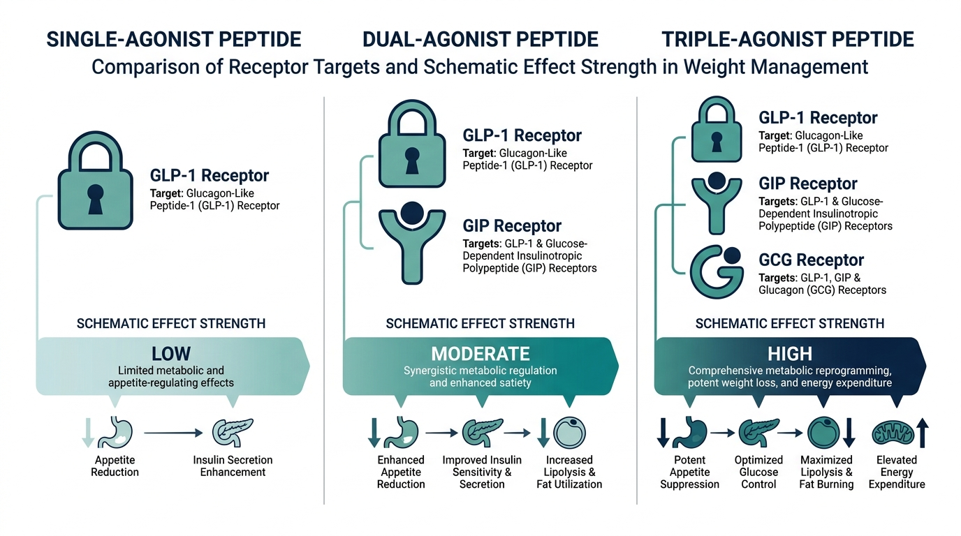 Schematic chart comparing single, dual, and triple agonist peptide classes