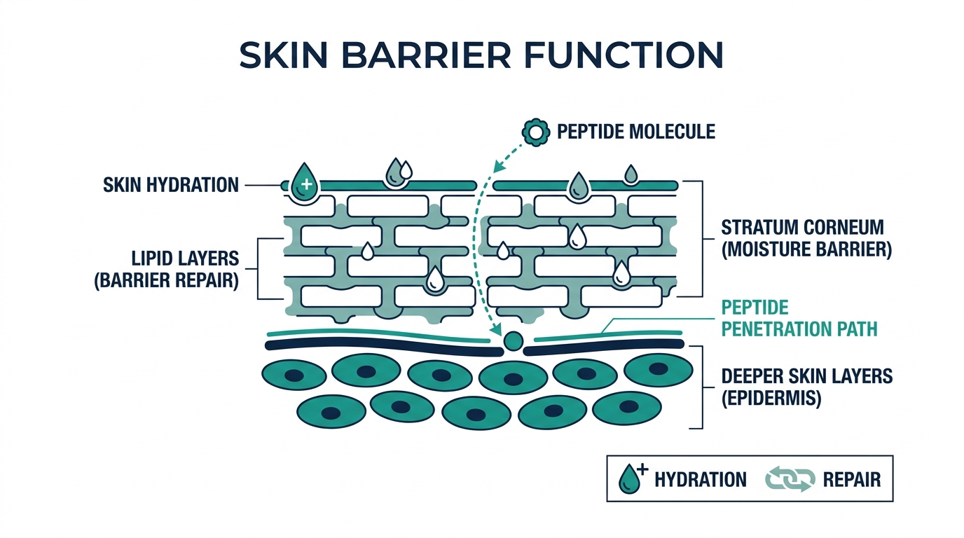 Diagram of the skin barrier showing the stratum corneum, lipid layers, and a peptide penetration path toward deeper skin layers