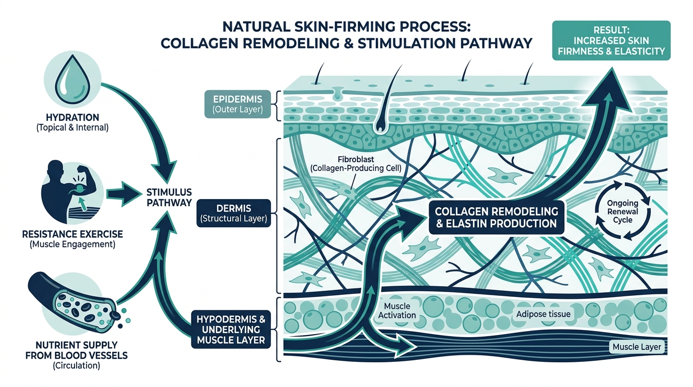 Cross-section diagram of skin dermis showing collagen and elastin fibers remodeling in response to hydration, muscle, and nutrient support