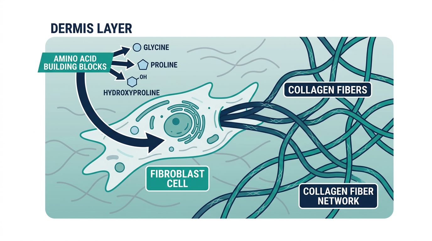 Cross-section diagram of skin dermis showing fibroblast collagen synthesis from amino acid building blocks