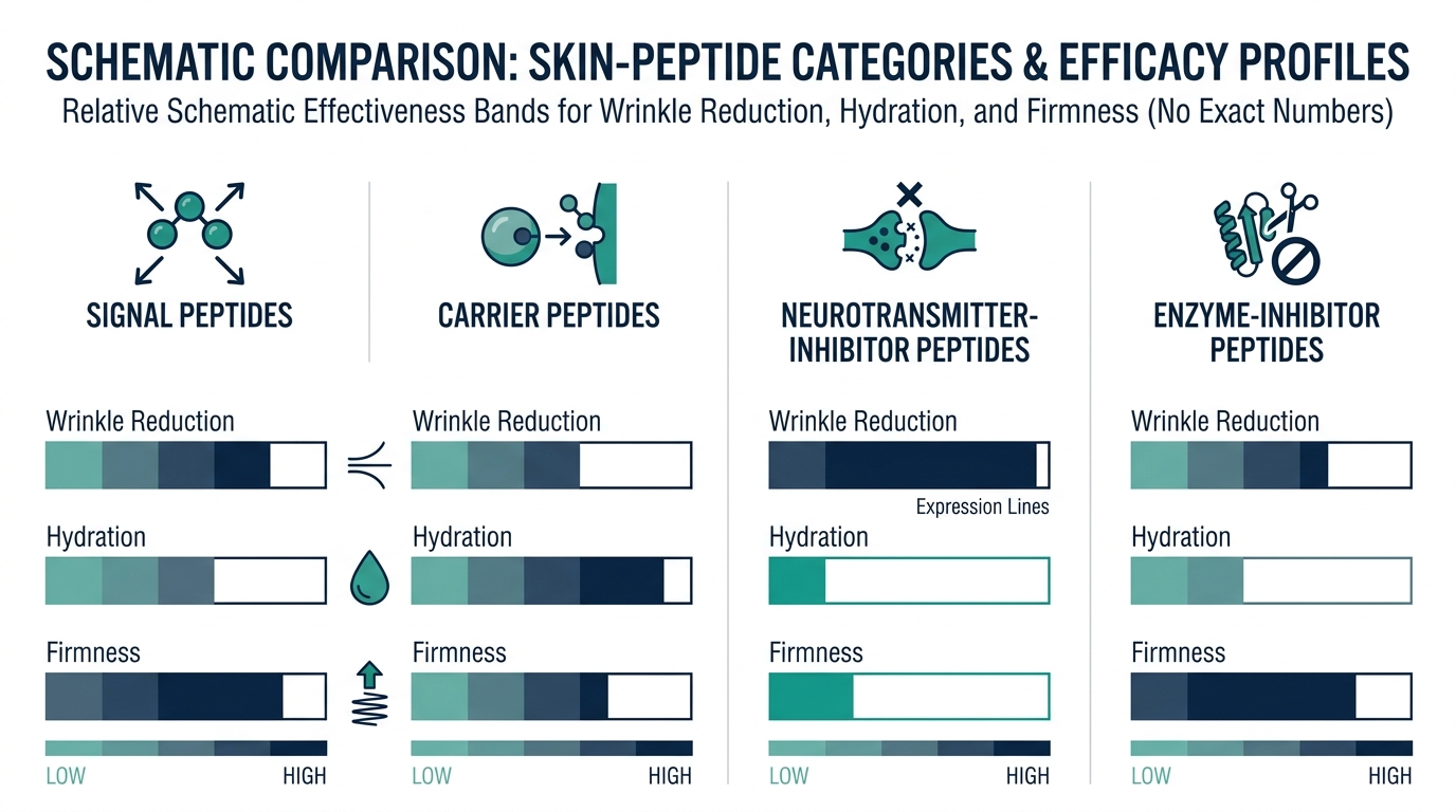 Schematic comparison chart of skin-peptide categories by effectiveness for wrinkle reduction, hydration, and firmness
