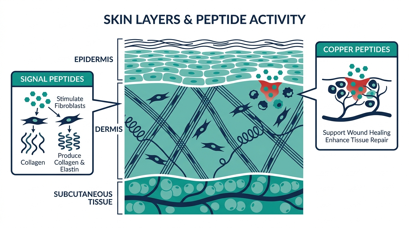 Cross-section diagram of skin layers showing where signal peptides stimulate collagen and elastin production