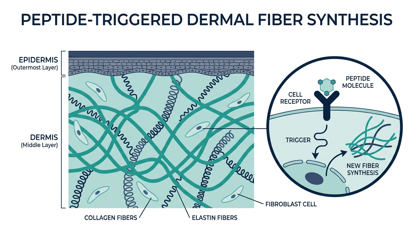 Cross-section diagram of the dermis showing a peptide binding to a fibroblast receptor and triggering collagen and elastin synthesis