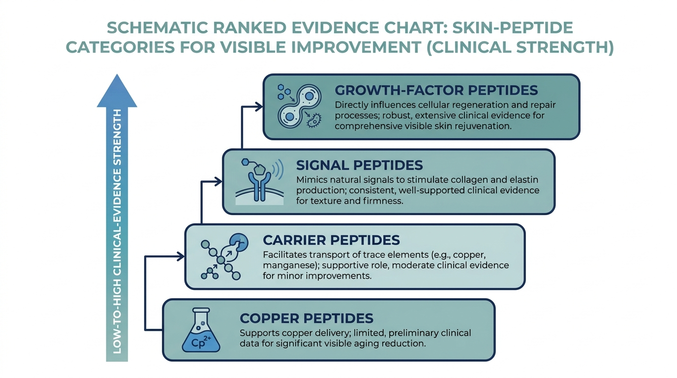 Schematic ranked chart of skin-peptide categories by clinical-evidence strength for visible skin improvement