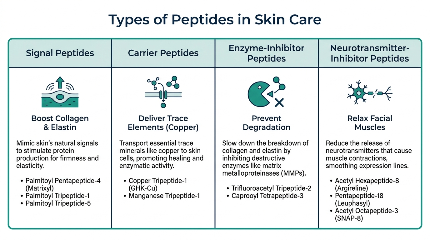 Reference chart categorizing skincare peptides into signal, carrier, enzyme-inhibitor, and neurotransmitter-inhibitor types