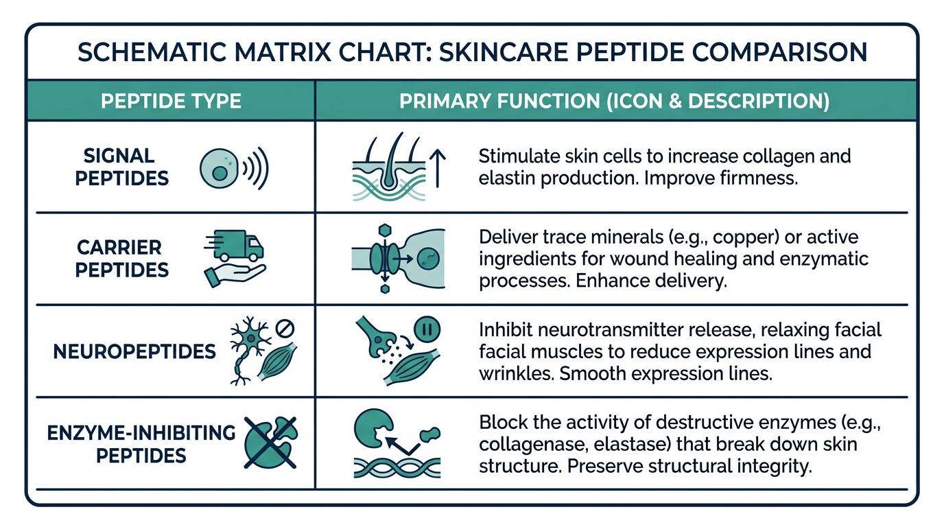 Matrix chart comparing signal, carrier, neuropeptide, and enzyme-inhibiting peptide types used in skincare by primary function