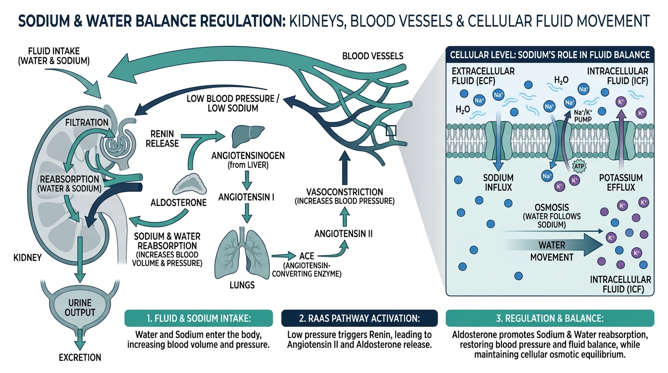 Diagram of sodium and water balance in the body showing kidneys, blood vessels, and the renin-angiotensin-aldosterone pathway