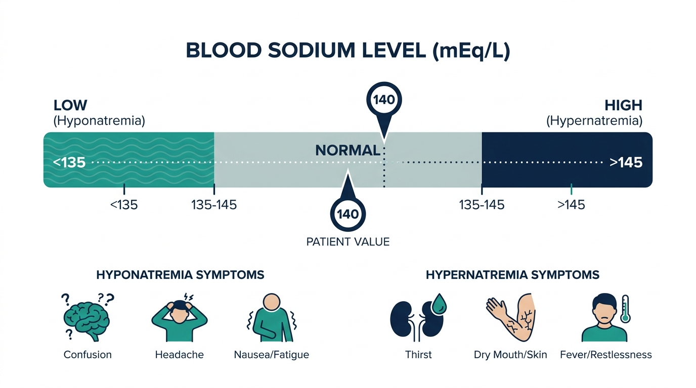 Reference range chart showing low, normal, and high bands for blood sodium level in mEq/L with related symptoms
