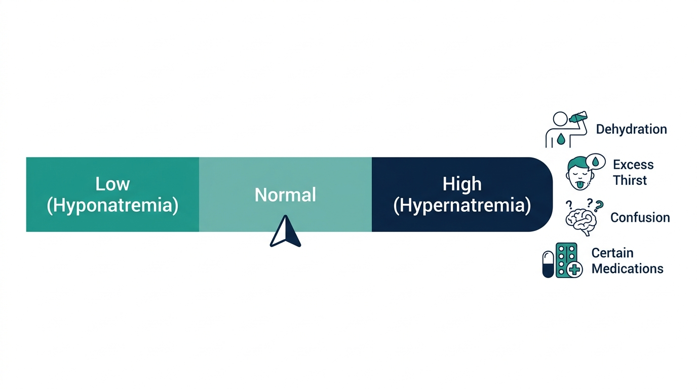 Reference range chart showing low, normal, and high blood sodium bands with symptoms and causes
