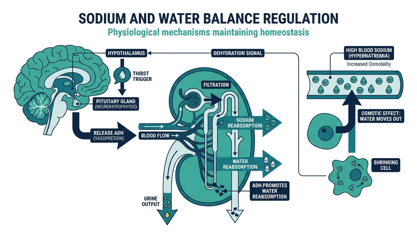 Diagram of sodium and water balance regulation by the kidneys, ADH, and thirst mechanism