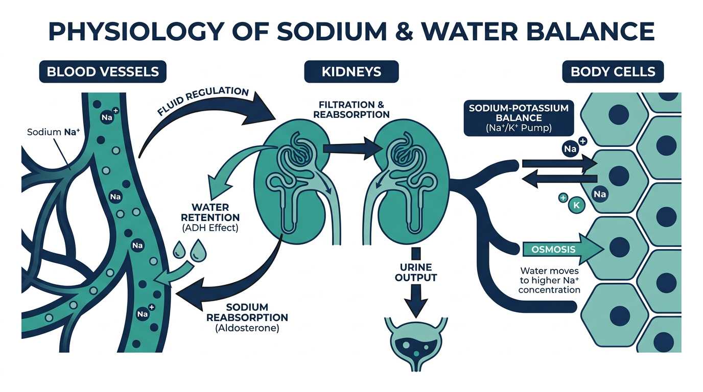 Diagram of sodium and water balance physiology showing kidneys and fluid regulation in the body