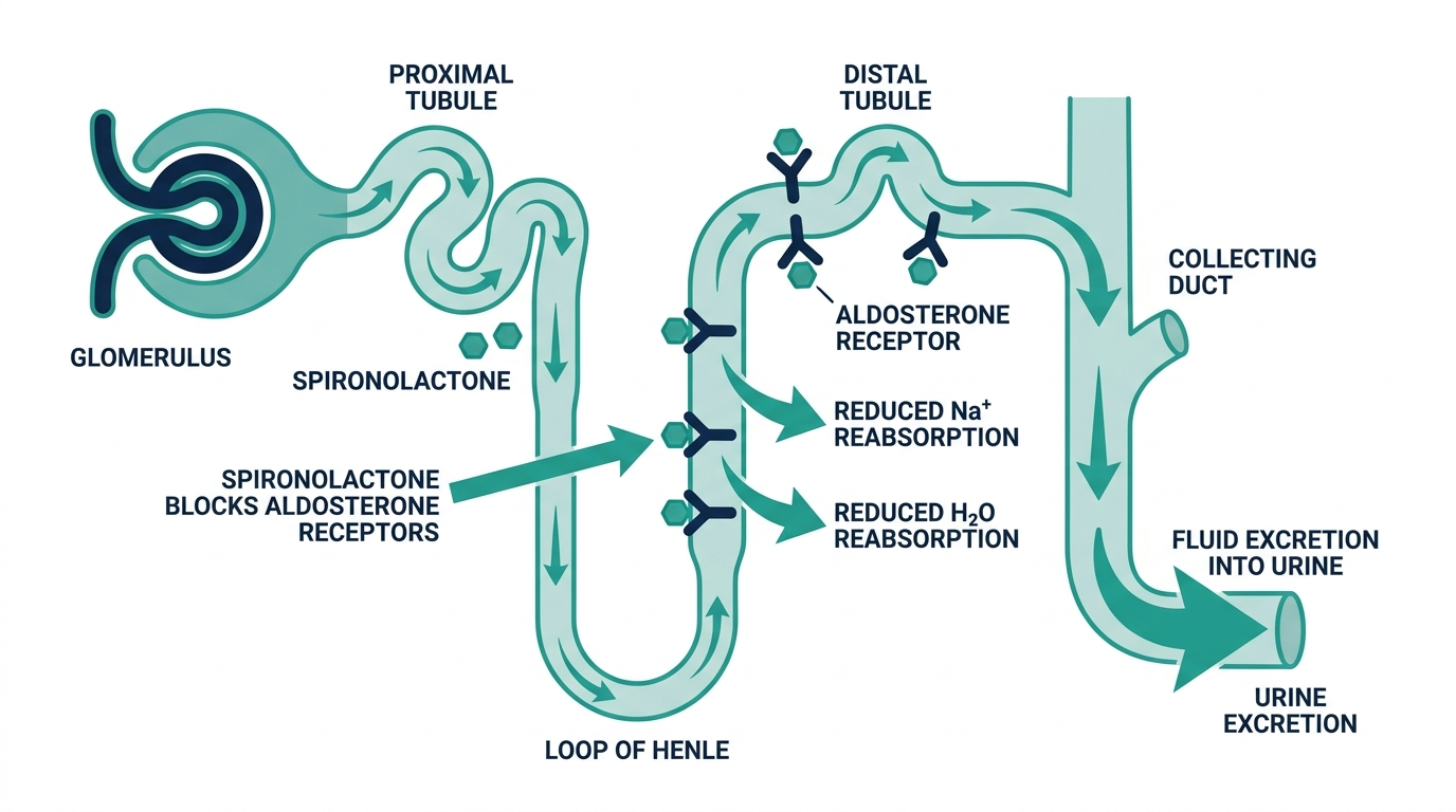 Diagram of a kidney nephron showing spironolactone blocking aldosterone receptors and reducing sodium and water reabsorption