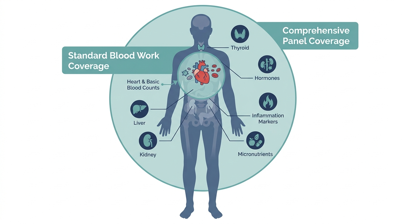 Body diagram comparing the narrow coverage of standard blood work with the broader coverage of a comprehensive lab panel