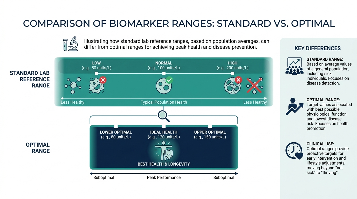 Chart comparing a wide standard lab reference range bar against a narrower optimal range bar for the same marker