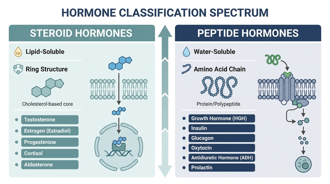 Schematic chart classifying hormones into steroid hormones and peptide hormones, including growth hormone