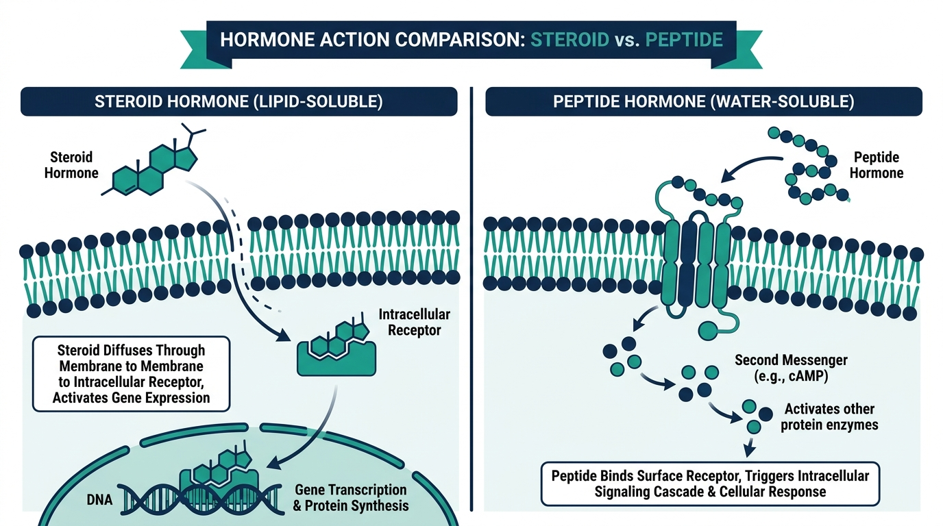 Diagram comparing how a steroid molecule and a peptide hormone each interact with a cell