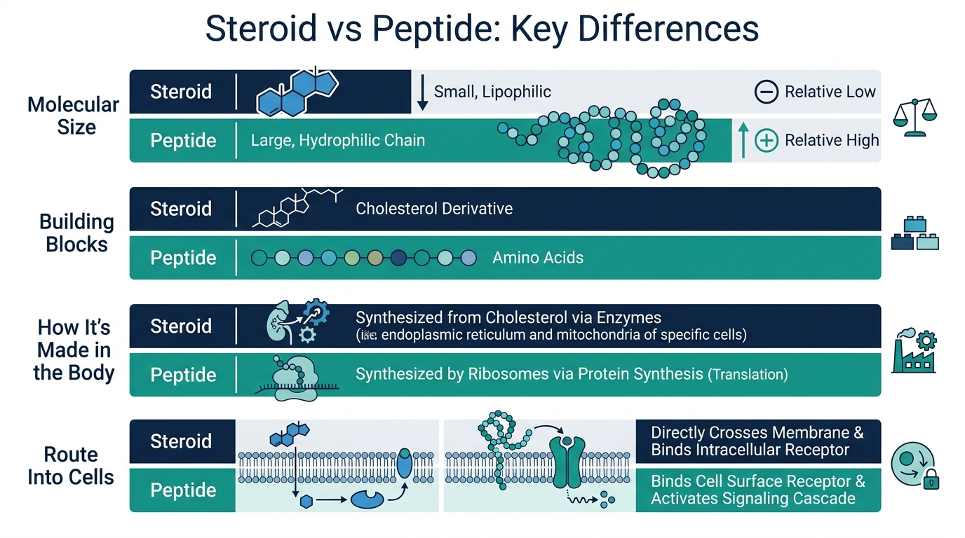 Schematic chart comparing steroids and peptides across molecular size, building blocks, synthesis, and cell entry route
