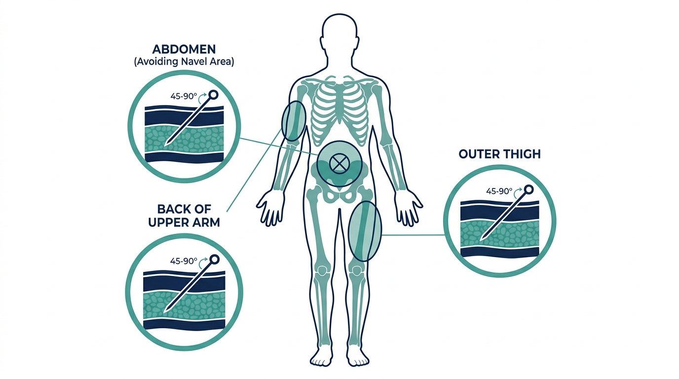 Body diagram marking common subcutaneous injection site zones on the abdomen, outer thigh, and back of the upper arm