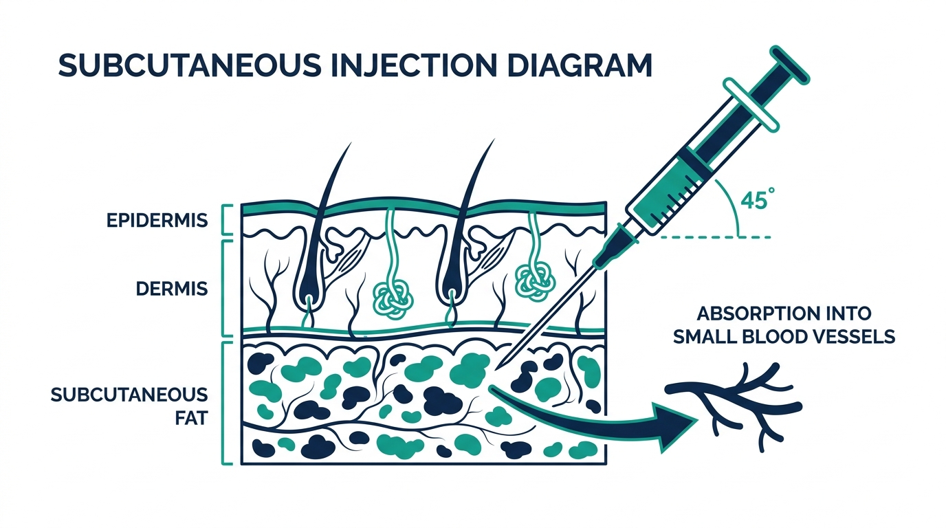 Cross-section diagram of skin and subcutaneous fat showing subcutaneous injection needle angle and absorption into small blood vessels