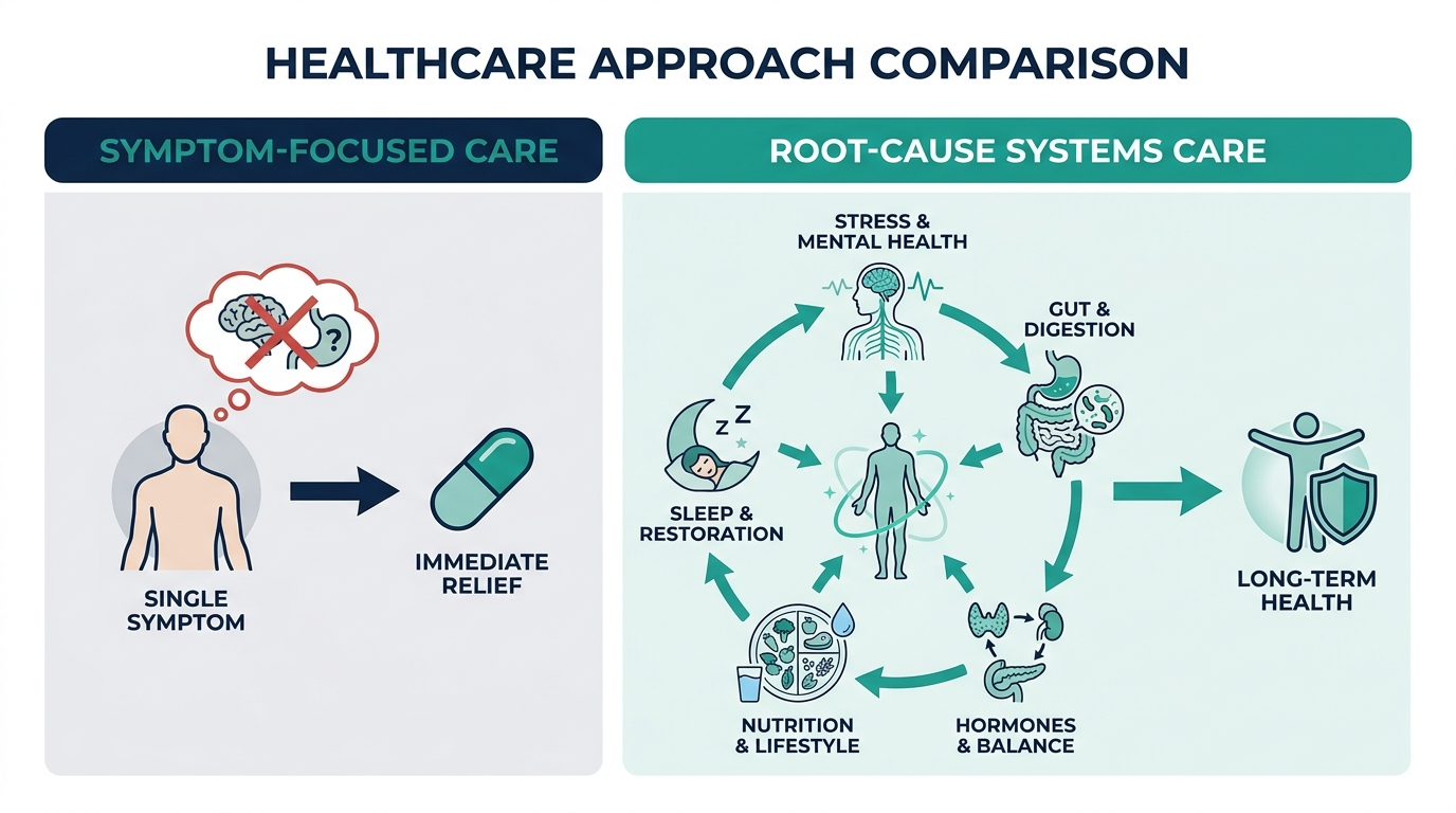 Comparison chart of symptom-focused care versus root-cause systems care listing scope icons for each model