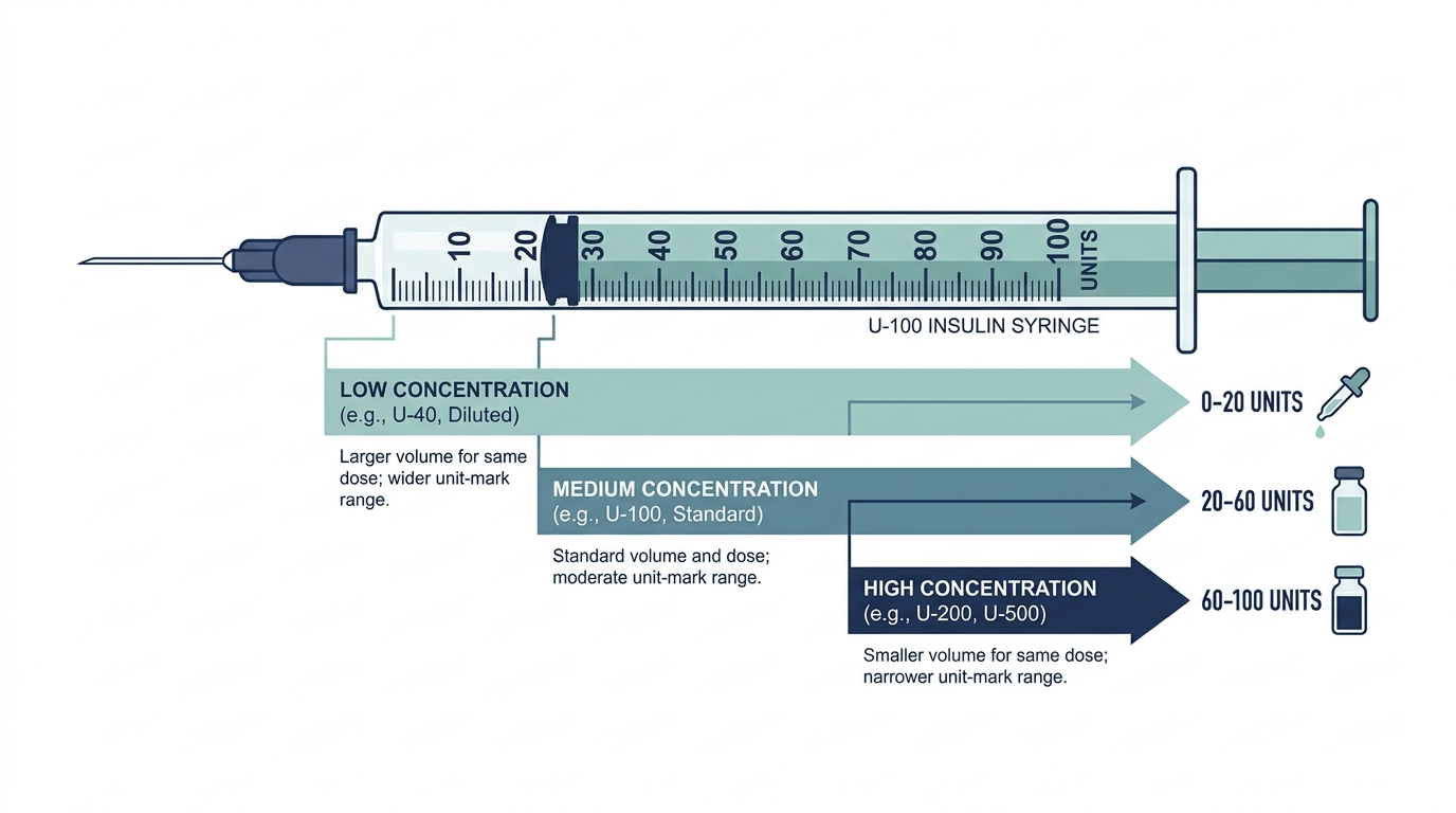 Schematic chart of an insulin syringe showing unit-mark ranges for low, medium, and high concentration dilutions