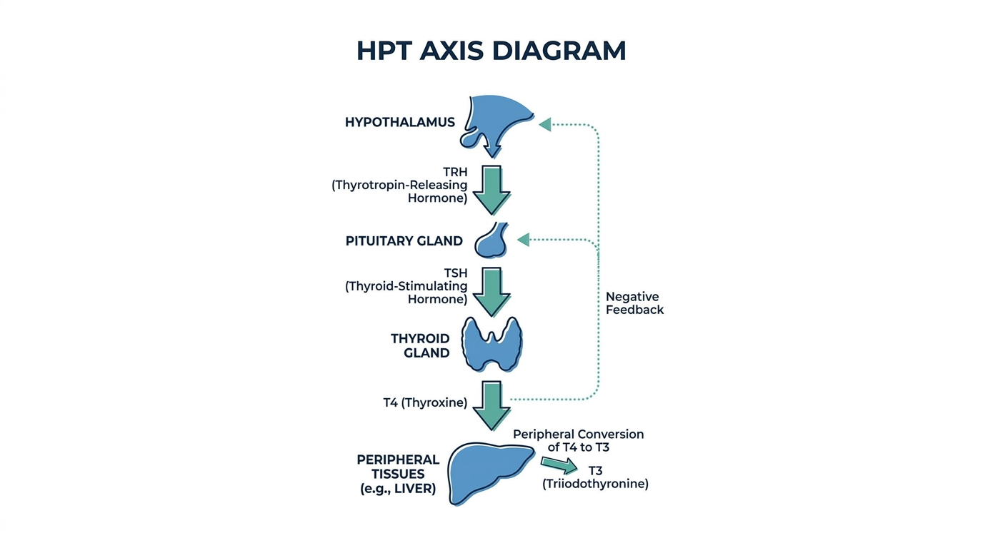 Diagram of the hypothalamus-pituitary-thyroid axis showing TRH, TSH, T4 production, and conversion of T4 to T3