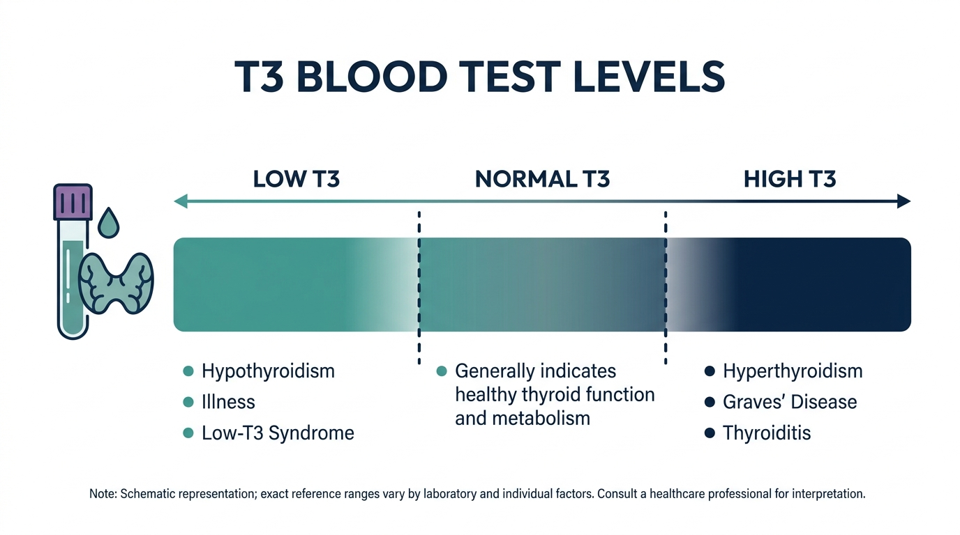 Schematic chart showing low, normal, and high T3 blood test reference bands