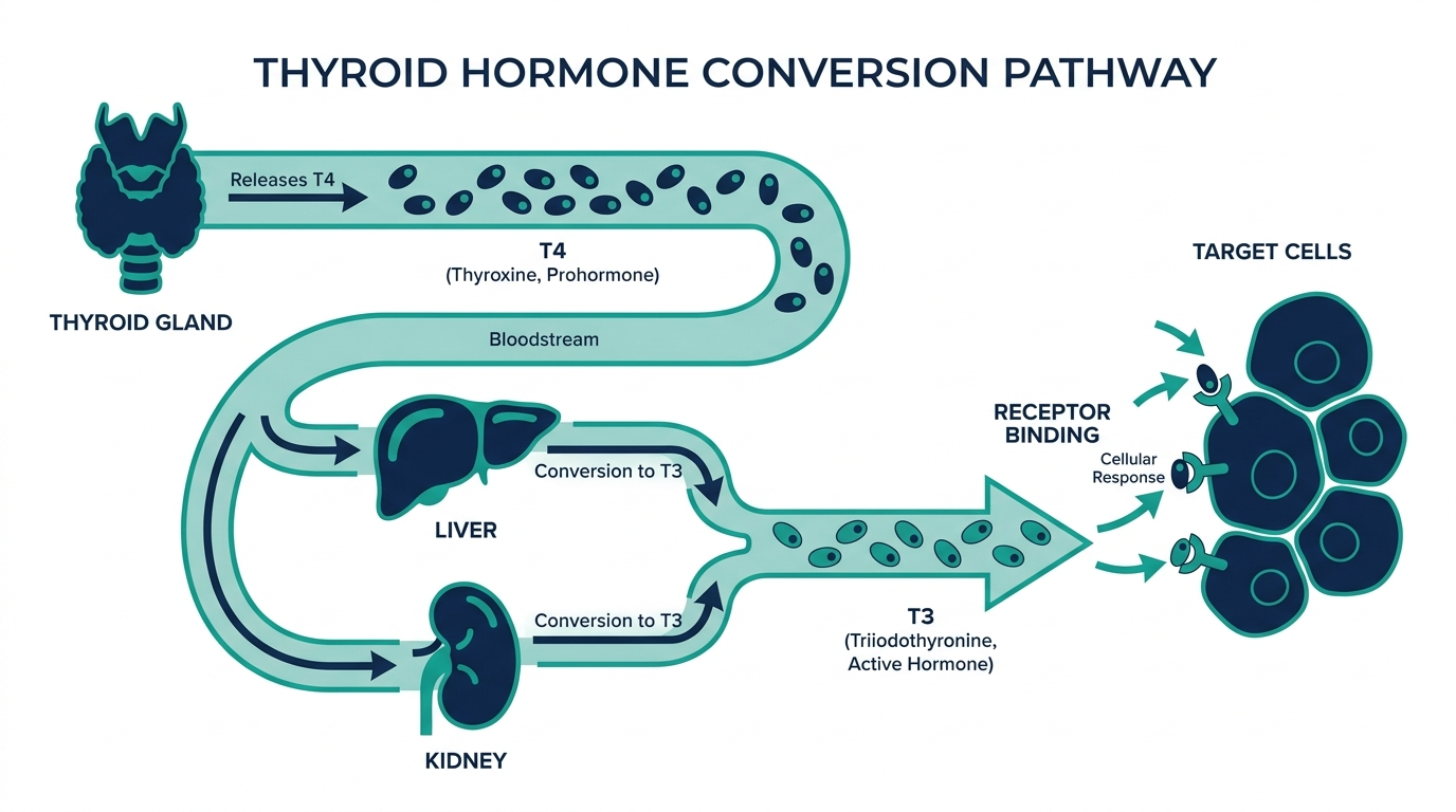 Diagram of the thyroid releasing T4 and peripheral tissues converting it to active T3 hormone