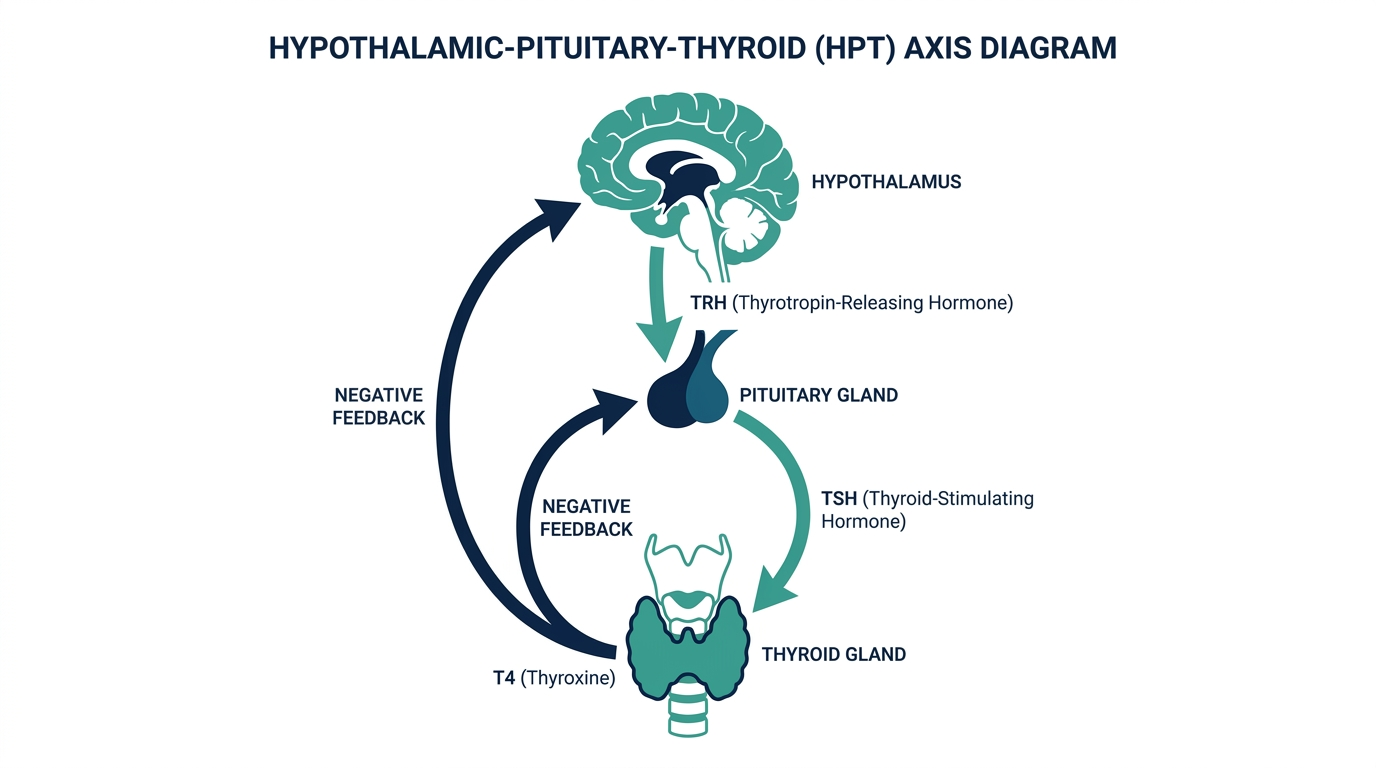 Diagram of the hypothalamic-pituitary-thyroid axis feedback loop that regulates T4 production