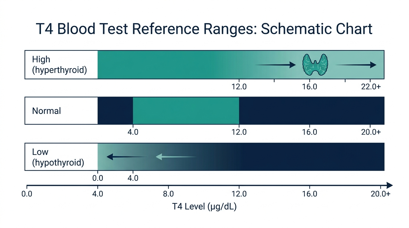 Schematic chart of T4 reference ranges showing low, normal, and high hyperthyroid bands
