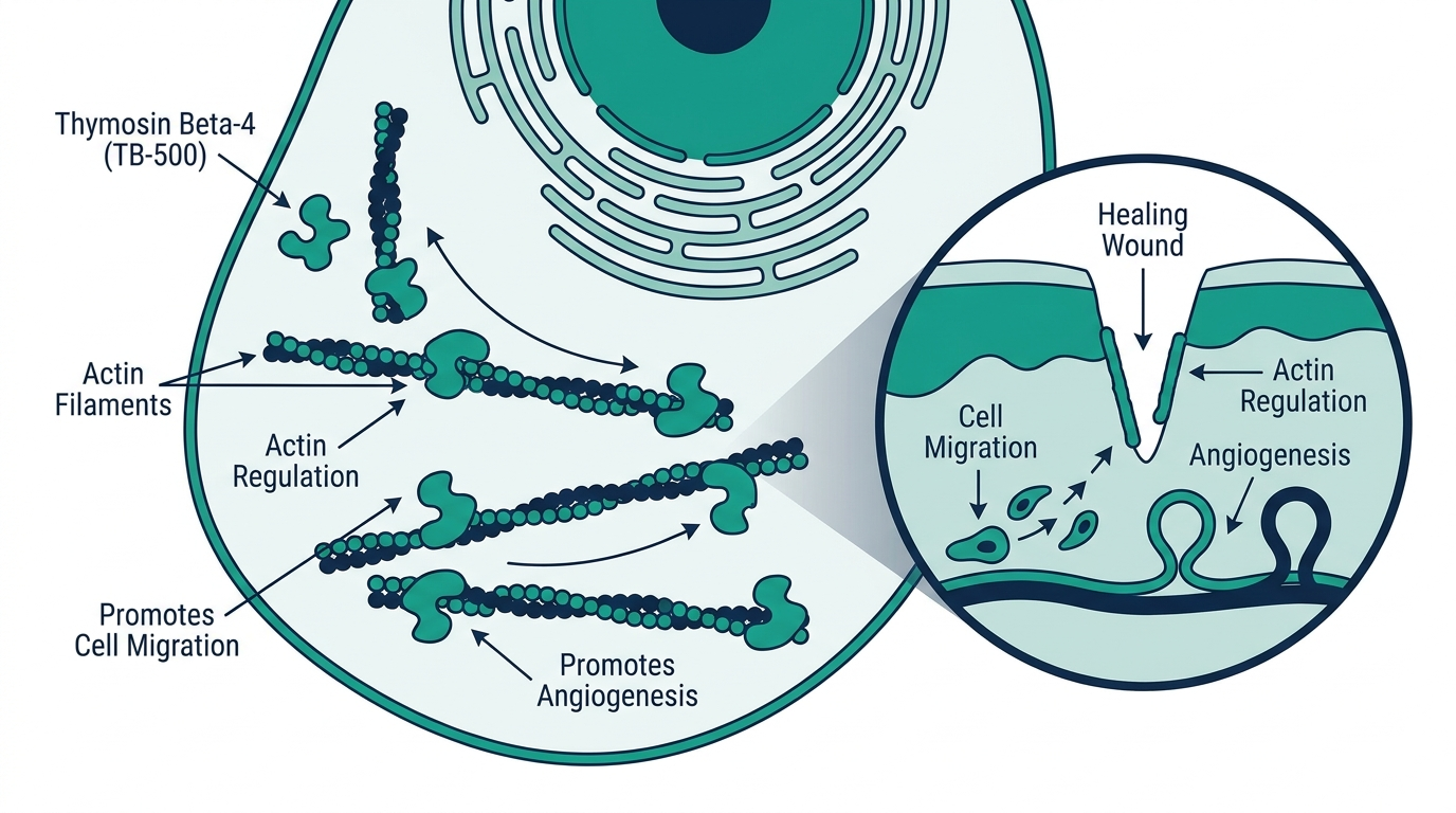 Diagram of thymosin beta-4 (TB-500) binding actin filaments to promote cell migration and angiogenesis at an injury site