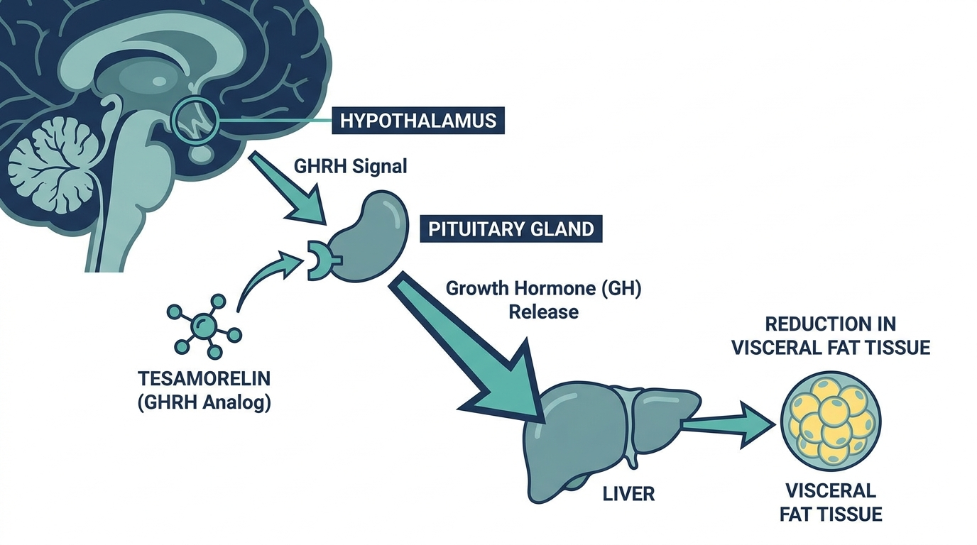 Diagram of tesamorelin acting as a GHRH analog on the pituitary gland to trigger growth hormone release and reduce visceral fat