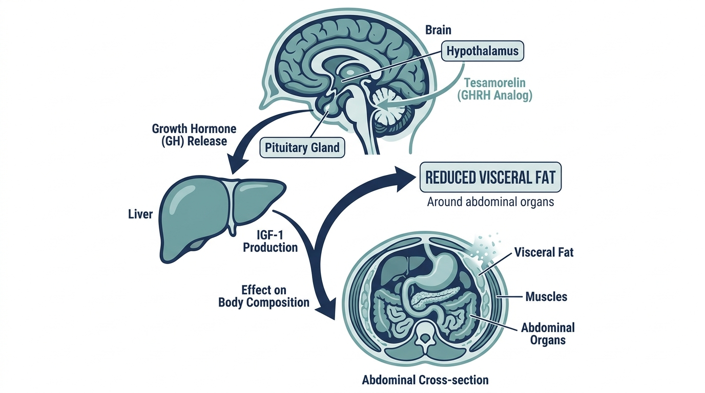 Hormone axis diagram of tesamorelin stimulating pituitary GH release, liver IGF-1 production, and visceral fat reduction