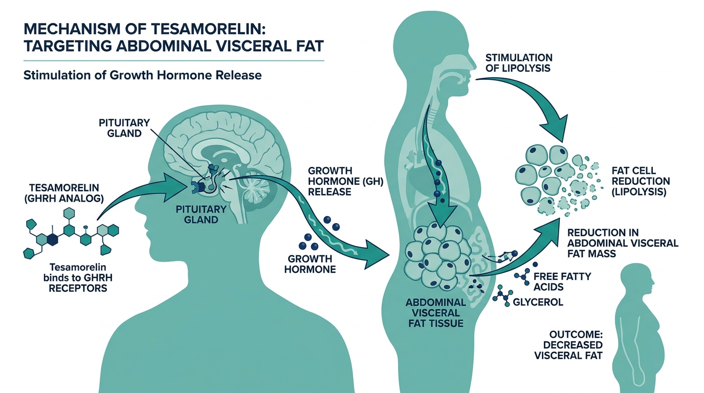 Diagram of tesamorelin mechanism stimulating growth hormone release and reducing visceral fat