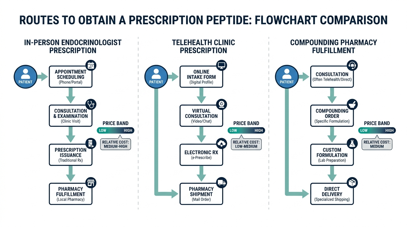 Flowchart comparing three routes to obtain a prescription peptide: in-person endocrinologist, telehealth clinic, and compounding pharmacy