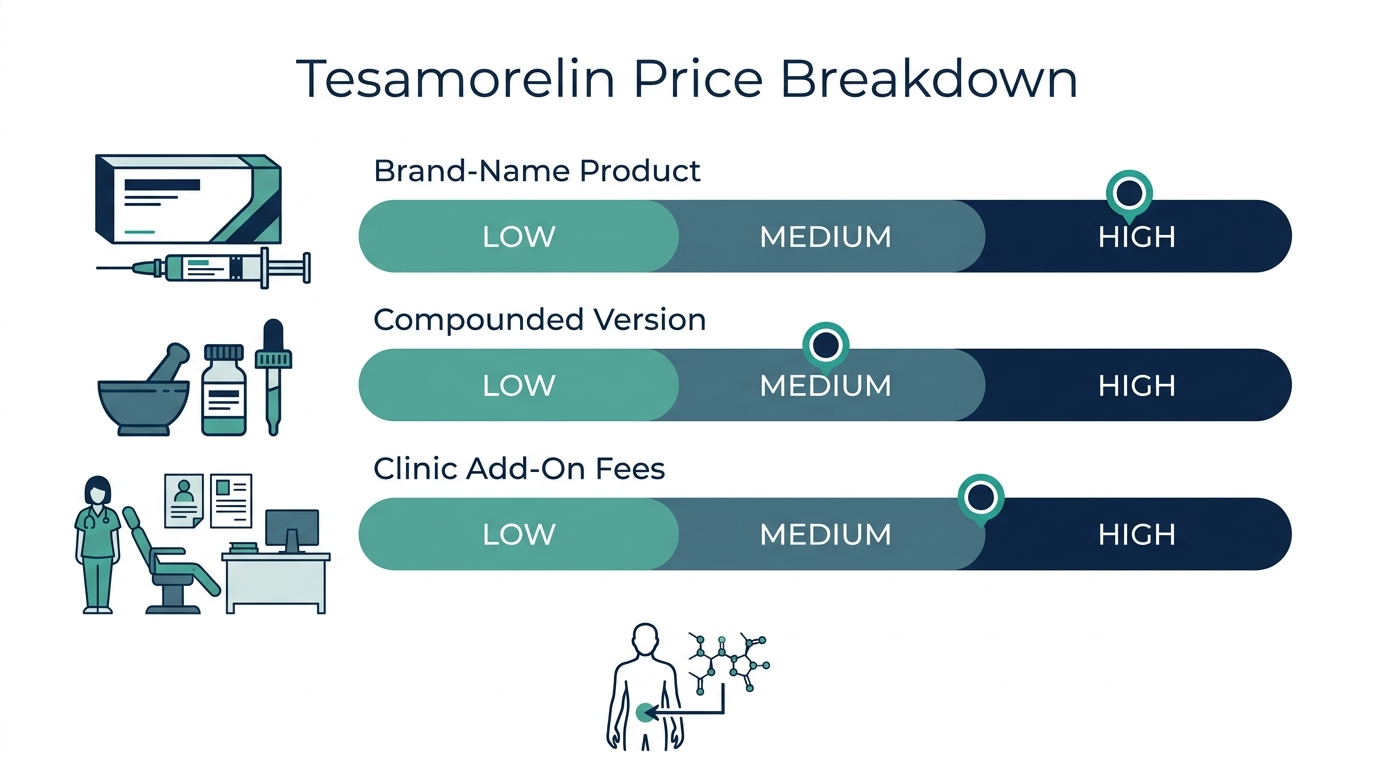 Price-band chart showing cost factors for brand-name, compounded, and clinic-administered tesamorelin