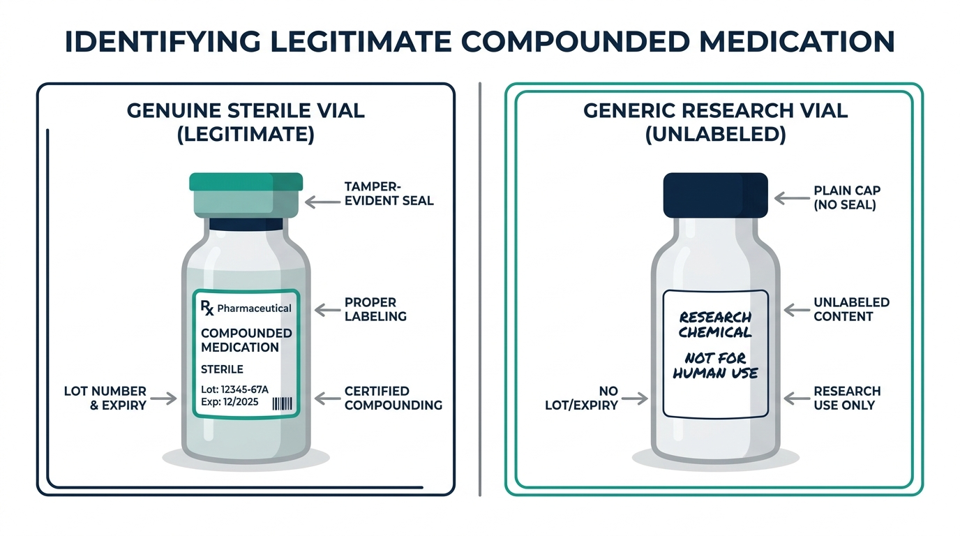 Comparison diagram of a properly labeled sterile pharmaceutical vial versus an unlabeled generic research-chemical vial
