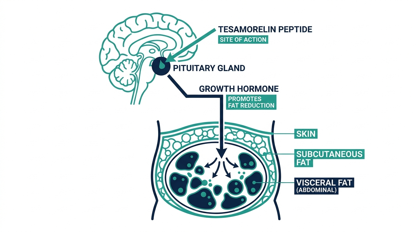Diagram of tesamorelin's site of action showing the pituitary gland releasing growth hormone that acts on visceral abdominal fat, with a cross-section of subcutaneous versus visceral fat layers
