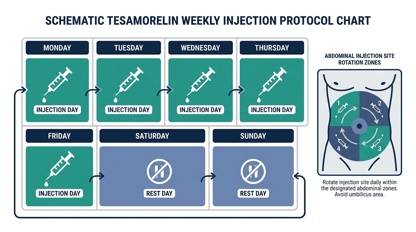 Weekly injection protocol calendar chart for tesamorelin with abdominal injection site rotation zones