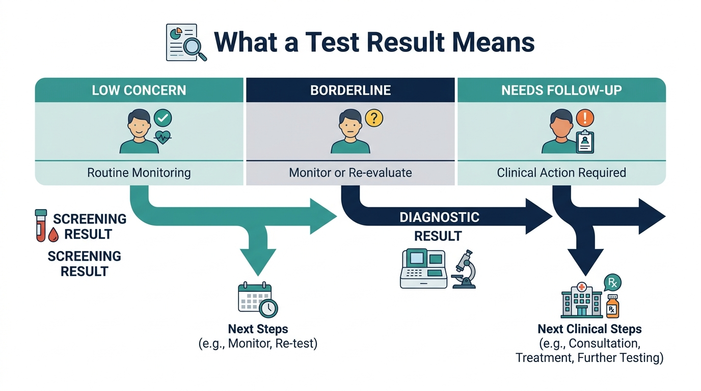 Schematic chart showing how a test result moves along low concern, borderline, and follow-up needed bands