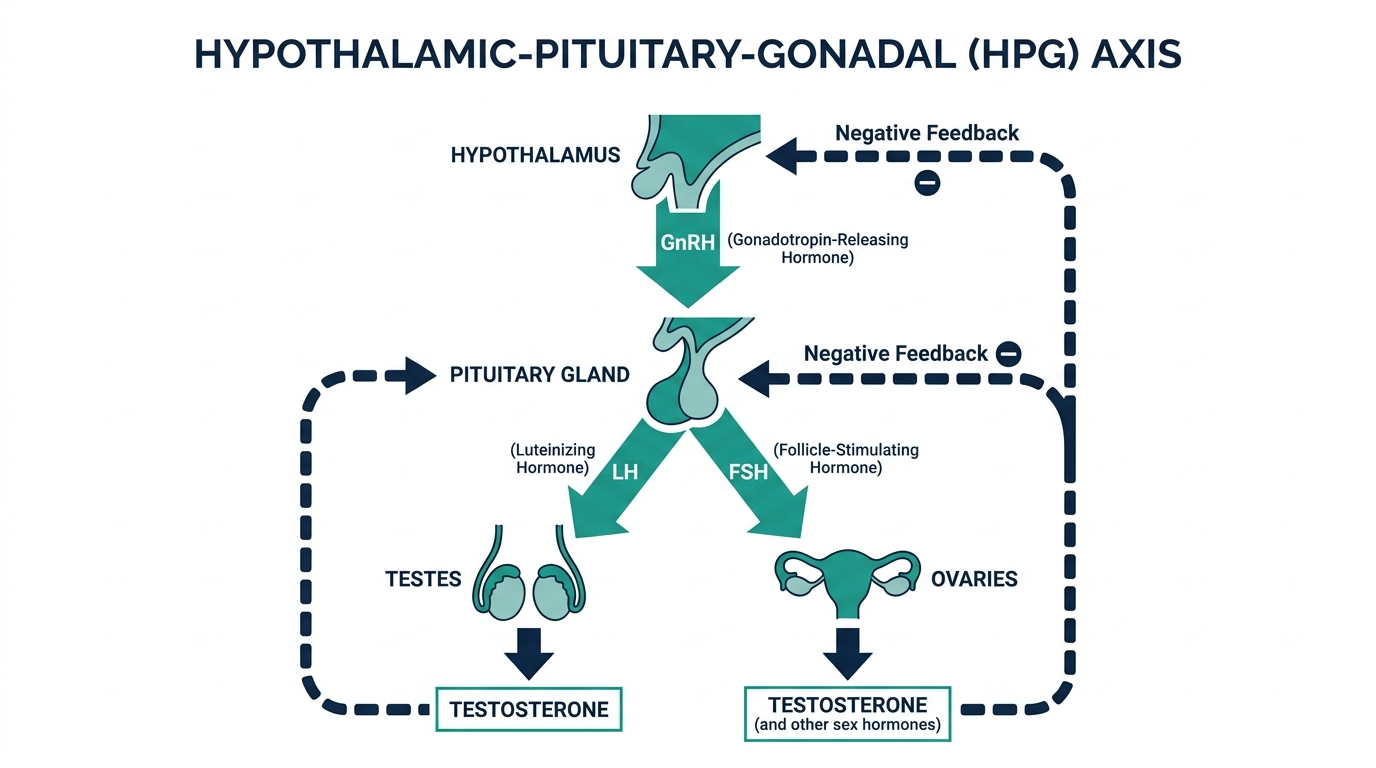 Diagram of the hypothalamic-pituitary-gonadal axis showing how GnRH, LH, and FSH signal testosterone production