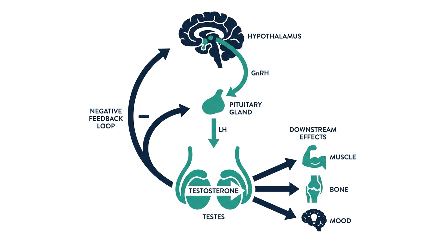 Diagram of the hypothalamic-pituitary-gonadal axis showing hormone signals from brain to testes producing testosterone