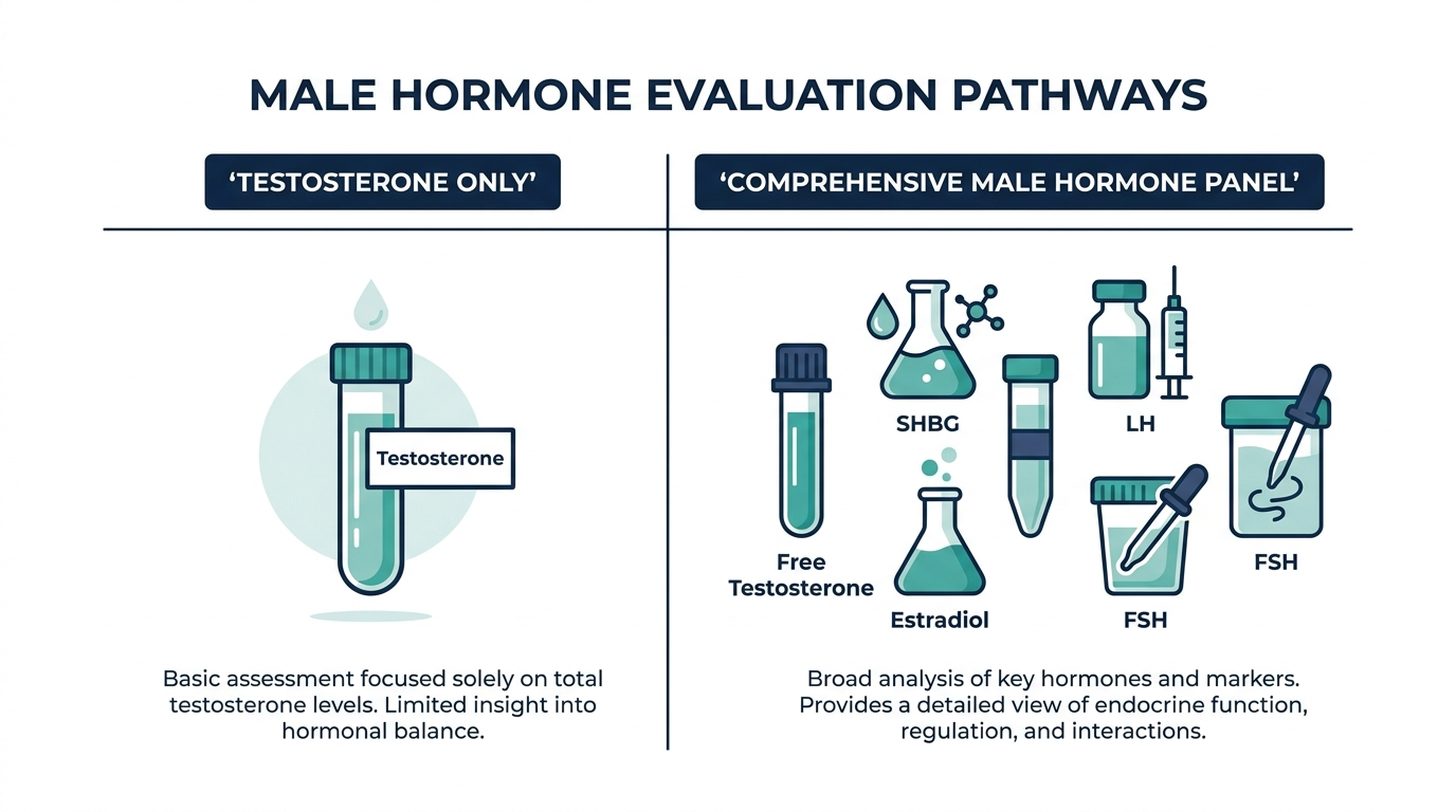 Comparison chart of a testosterone-only test versus a comprehensive male hormone panel including free testosterone, SHBG, estradiol, LH, and FSH