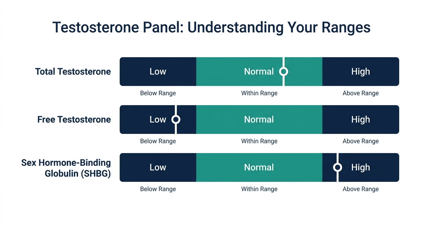 Schematic chart showing low, normal, and high reference bands for testosterone panel markers