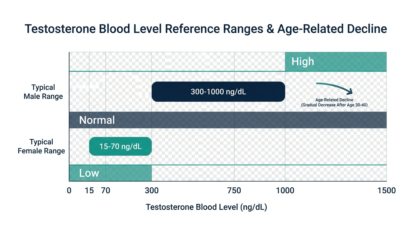 Schematic chart of testosterone reference bands from low to high, comparing male and female ranges and age-related decline