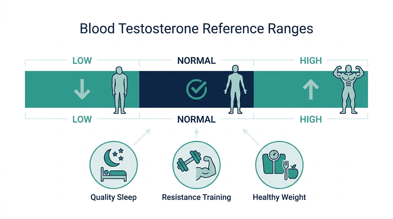 Schematic chart of low, normal, and high testosterone reference bands with icons for sleep, strength training, and healthy weight