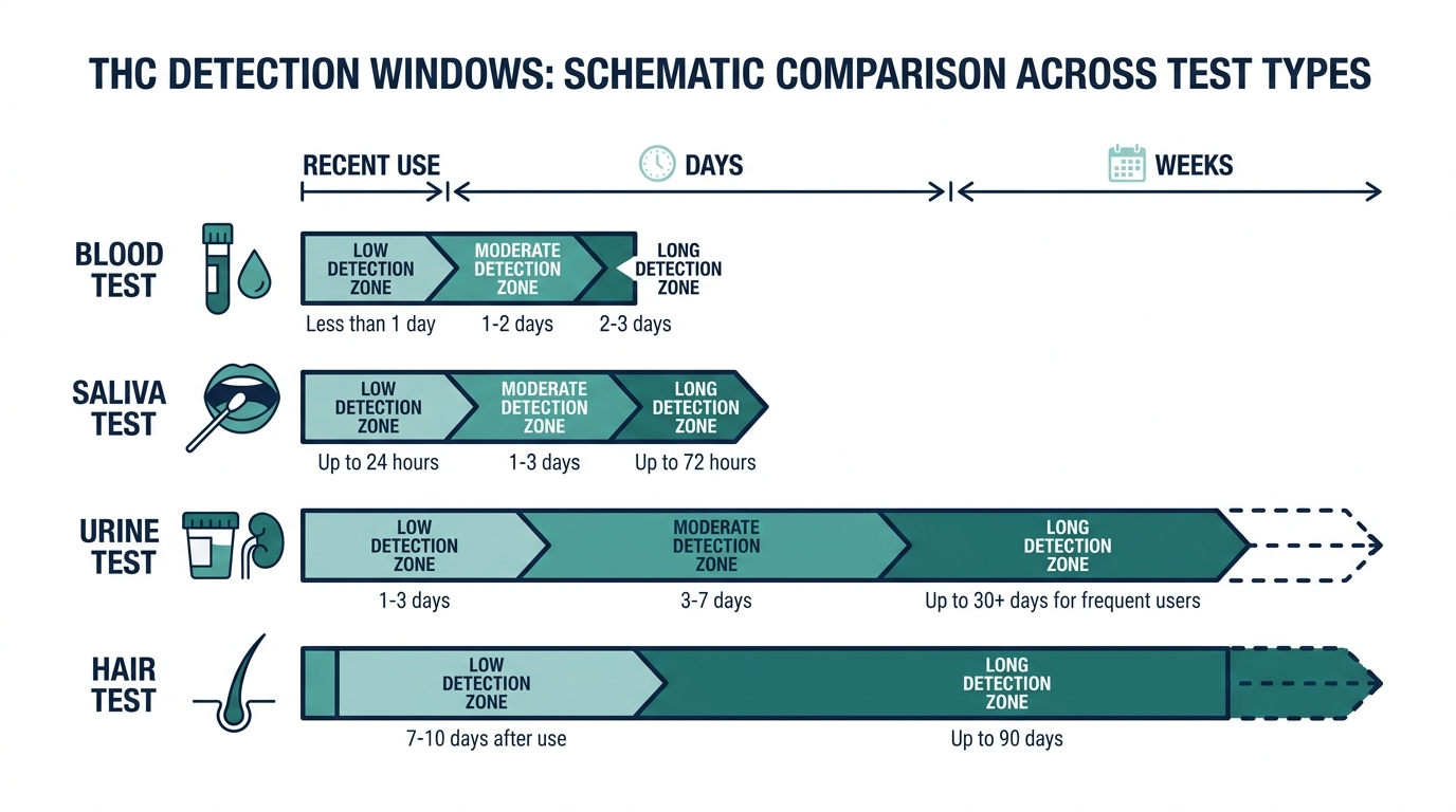 Schematic chart comparing THC detection windows for blood, urine, saliva, and hair tests