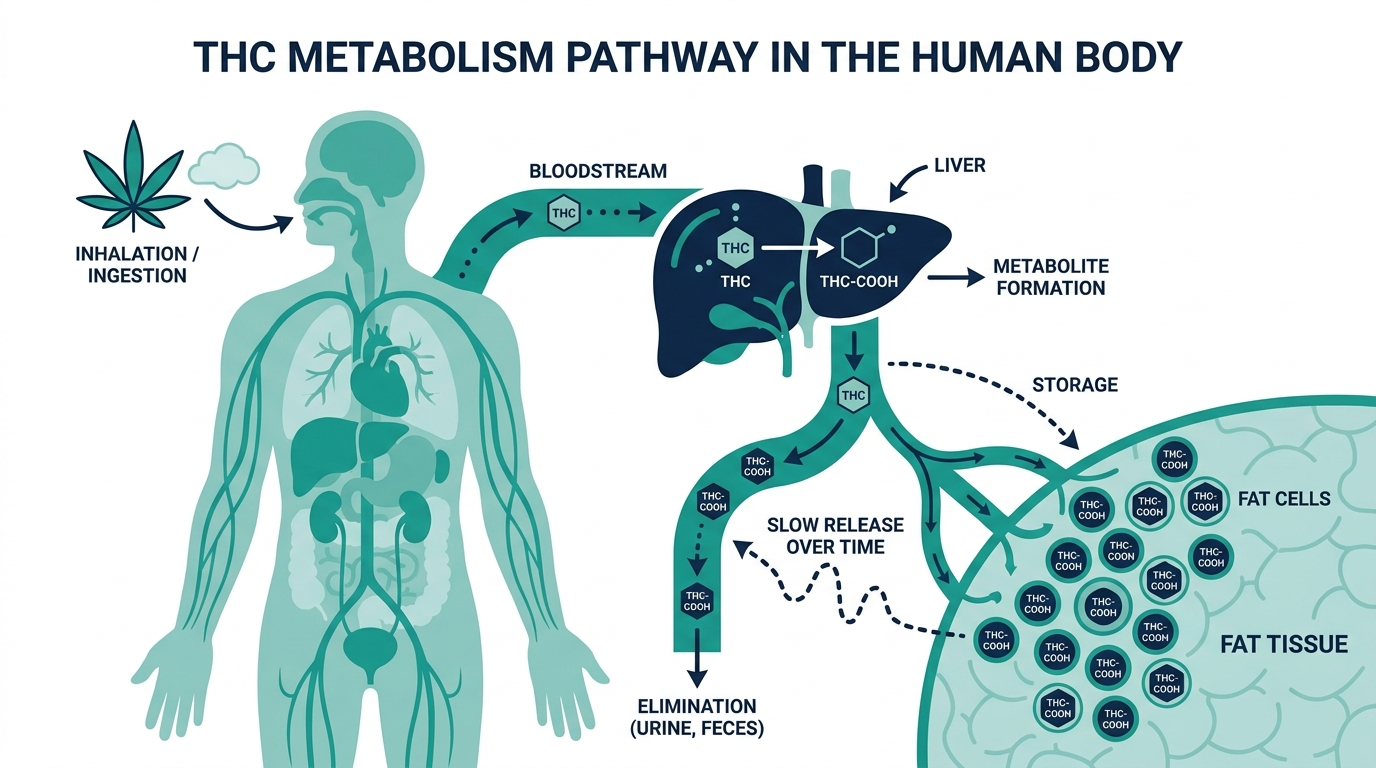 Diagram of THC metabolism showing liver conversion to THC-COOH and storage in fat tissue