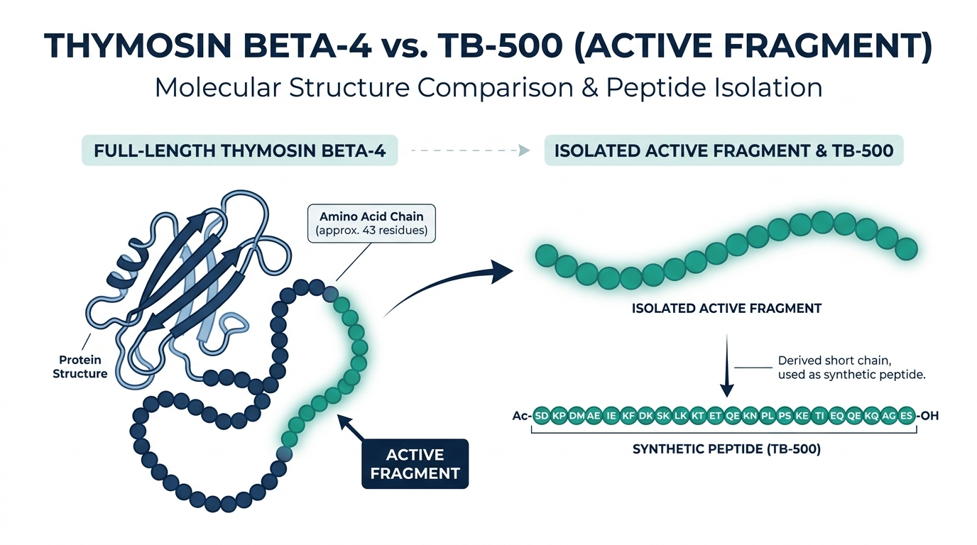 Diagram comparing full-length thymosin beta-4 protein to its isolated active fragment used as the synthetic peptide TB-500