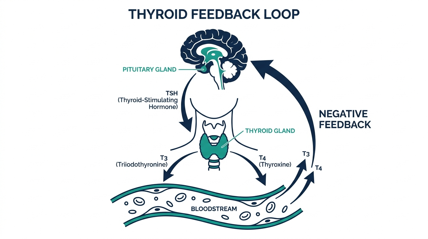 Diagram of the pituitary gland releasing TSH to signal the thyroid gland, which releases T3 and T4 hormones in a feedback loop